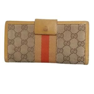 Authentic GUCCI Tan & Brown Canvas & Leather Long Wallet